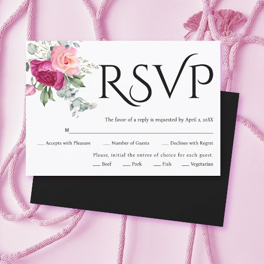 Schwarze Typografie, rosa Rosa Blume Hochzeit RSVP Karte