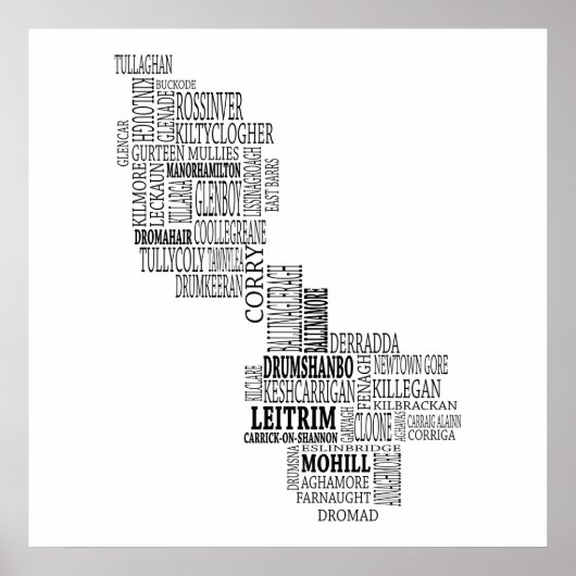 Schwarze typografische Karte von Co. Leitrim, Irla Poster (Vorne)