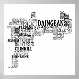 Schwarze Typografische Karte von Co. Offaly, Irlan Poster