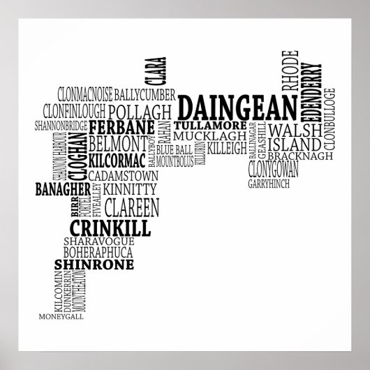 Schwarze Typografische Karte von Co. Offaly, Irlan Poster (Vorne)