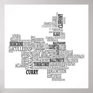 Schwarze Typografische Karte von Co. Sligo, Irland Poster