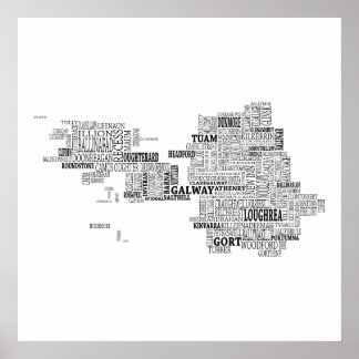 Schwarze Typografische Karte von Grafschaft Galway Poster