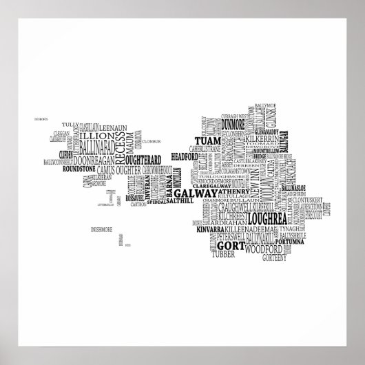 Schwarze Typografische Karte von Grafschaft Galway Poster (Vorne)