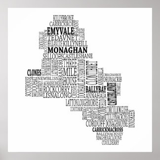 Schwarze Typografische Karte von Grafschaft Monagh Poster