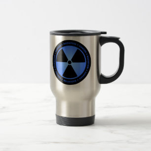 Schwarze u. blaue Strahlungs-Symbol-Tasse mit Text Reisebecher