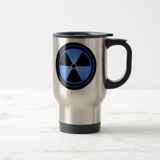 Schwarze u. blaue Strahlungs-Symbol-Tasse mit Text Reisebecher (Rechts)