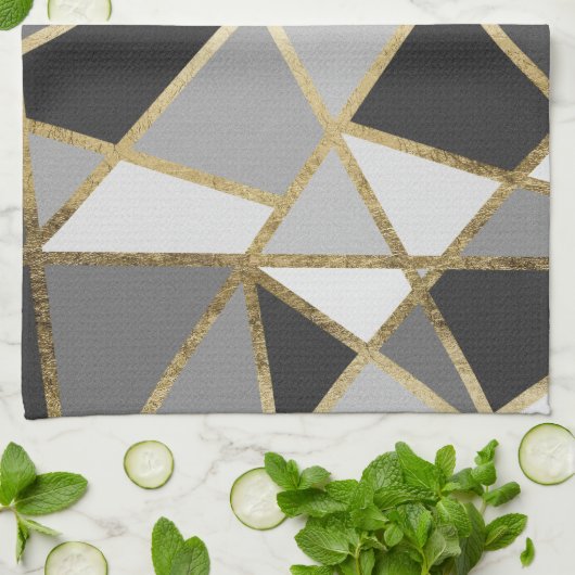 Schwarze u. graue moderne Geo-Golddreiecke Geschirrtuch (Gefaltet)