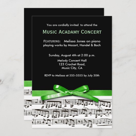 Schwarze u. grüne musikalische einladung (Vorne/Hinten)