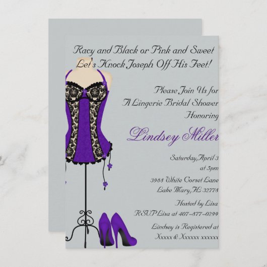 Schwarze u. lila Wäsche-Brautparty-Einladung Einladung (Vorne/Hinten)