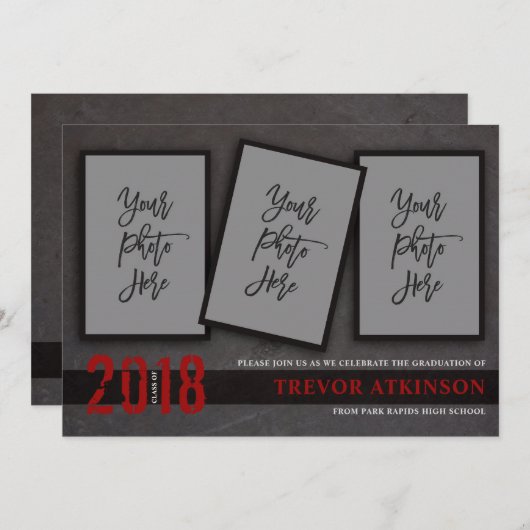 Schwarze u. rote Foto-Jungen-Abschluss-Mitteilung Einladung (Vorne/Hinten)