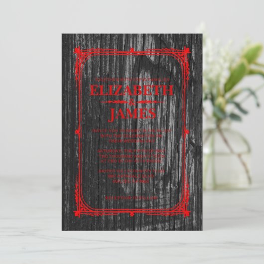 Schwarze u. rote rustikale Scheunen-hölzerne Einladung (Stehend Vorderseite)