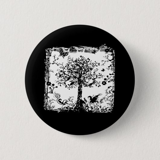 Schwarze u. weiße Baum-Schmetterlings-Silhouette Button (Vorderseite)