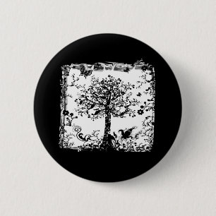 Schwarze u. weiße Baum-Schmetterlings-Silhouette Button