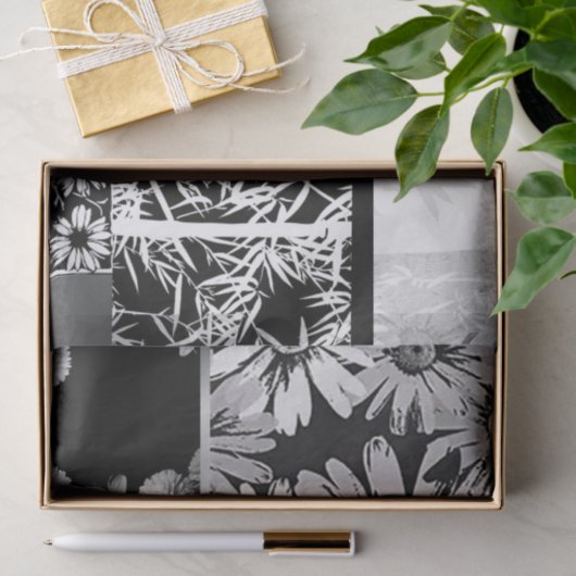 Schwarze u. weiße Blumen-Collage Seidenpapier (Geschenk)