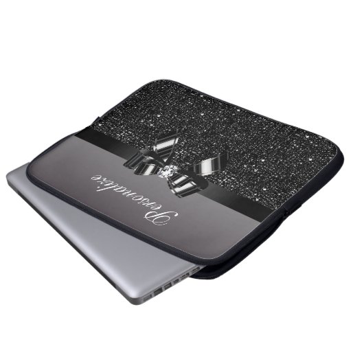 Schwarze u. weiße DruckPaillette, Bogen u. Diamant Laptopschutzhülle (Vorne Knopf)