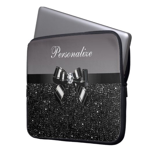 Schwarze u. weiße DruckPaillette, Bogen u. Diamant Laptopschutzhülle (Vorderseite Links)