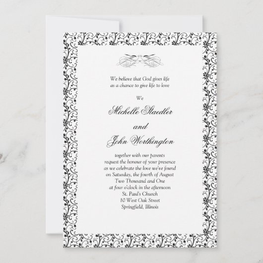 Schwarze u. weiße Hochzeits-Einladungs-Schablone Einladung (Vorderseite)