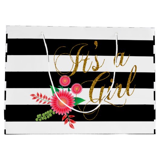 Schwarze u. weiße Streifen mit rosa Große Geschenktüte (Rückseite)