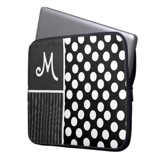 Schwarze u. weiße Tupfen Laptopschutzhülle (Vorderseite Links)