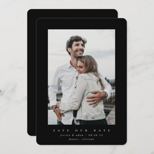 Schwarze Ultra-Minimal-Save the Date-Fotokarte Save The Date (Vorne/Hinten)