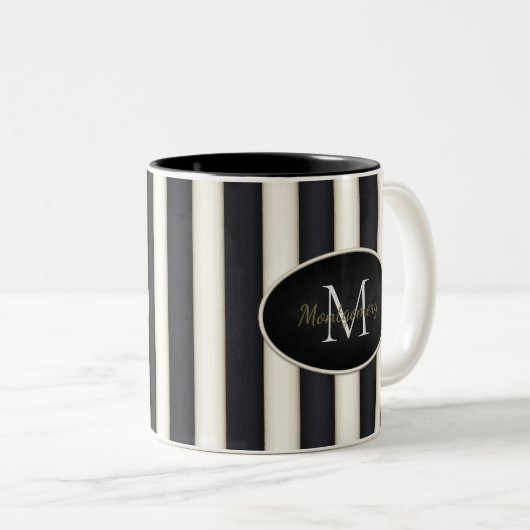 Schwarze und antike weiße Streifen Oval Gerahmte M Zweifarbige Tasse (VorderseiteRechts)