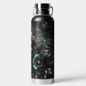 Schwarze und Aquamarine Blumen Trinkflasche (Rückseite)