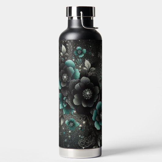 Schwarze und Aquamarine Blumen Trinkflasche (links)