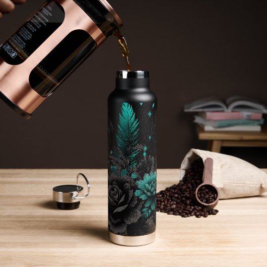 Schwarze und Aquamarine Federn und Blume Trinkflasche (Kaffee)