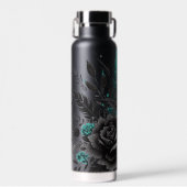 Schwarze und Aquamarine Federn und Blume Trinkflasche (Vorne)