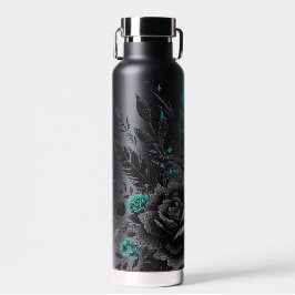 Schwarze und Aquamarine Federn und Blume Trinkflasche
