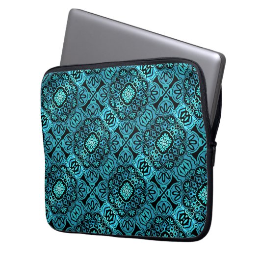 Schwarze und aquamarine Tribal-Laptop-Hülle Laptopschutzhülle (Vorderseite Links)