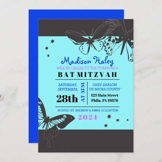 SCHWARZE UND BLAUE BUTTERFLY Bat Mitzvah Einladung (Vorne/Hinten)