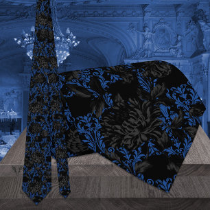 Schwarze und blaue florale Damast-Gotik-Hochzeit Krawatte