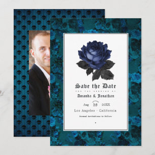 Schwarze und blaue gotische florale Hochzeitsfotog Save The Date