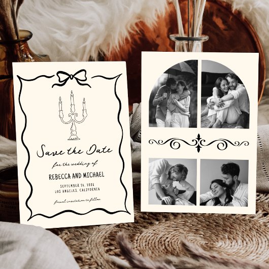 Schwarze und cremefarbene handgezeichnete Bogen-Fo Save The Date