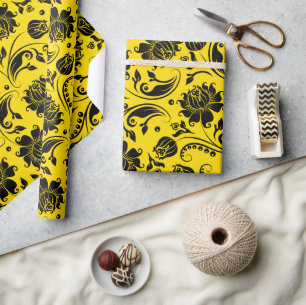 Schwarze und gelbe elegante Vintage-Blumendamastmu Geschenkpapier
