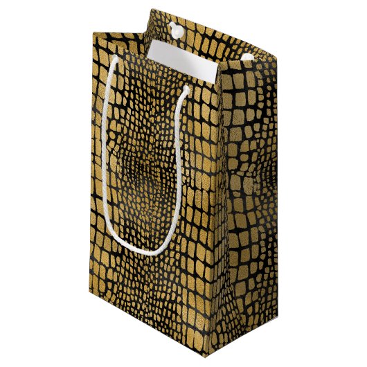 SCHWARZE UND GOLD ALLIGATOR-PATTER KLEINE GESCHENKTÜTE (Vorderseite Schrägansicht)