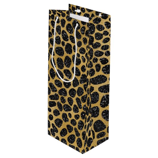 SCHWARZE UND GOLD LEOPARDSPOTS GESCHENKTÜTE FÜR WEINFLASCHEN (Vorderseite Schrägansicht)