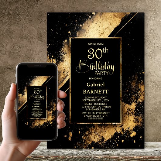 Schwarze und goldene 30. Geburtstagsfeier Einladung