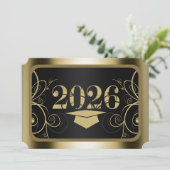 Schwarze und goldene Abschlussfeier Einladung (Stehend Vorderseite)
