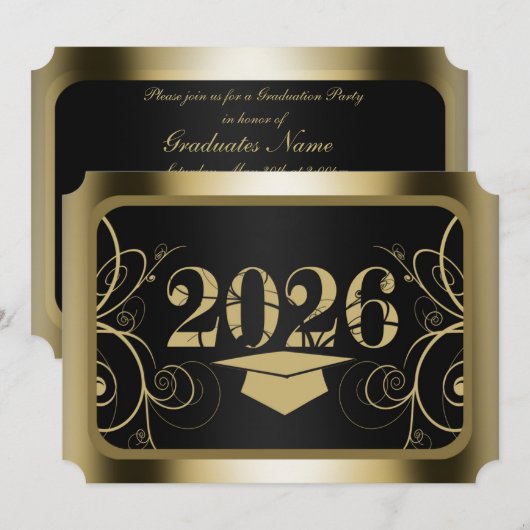 Schwarze und goldene Abschlussfeier Einladung (Vorne/Hinten)