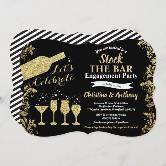 Schwarze und goldene Aktien der Bar-Partei Einladung (Vorne/Hinten)