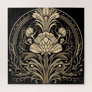 Schwarze und goldene Art Deco-Blumen-Quadrat Puzzle