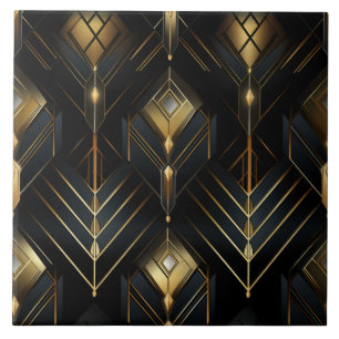 Schwarze und goldene Art Deco Diamant-Tropfen Fliese