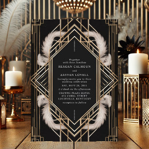Schwarze und goldene Art Deco Feder Hochzeit Einladung