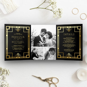 Schwarze und goldene Art Deco-Fotocollage-Hochzeit Dreifach Gefaltete Einladung
