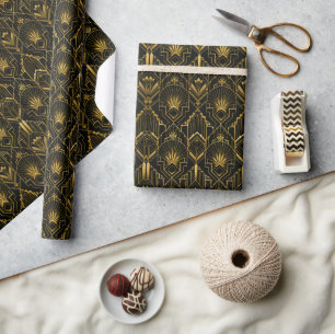Schwarze und goldene Art Deco geometrische Luxusgü Geschenkpapier
