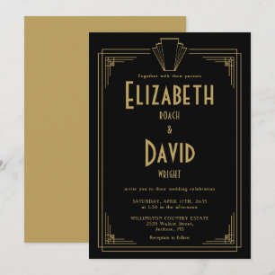 Schwarze und goldene Art Deco-Hochzeit der 1920er  Einladung