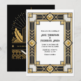 Schwarze und goldene Art Deco QR Code RSVP Hochzei Einladung