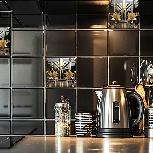 Schwarze und goldene Art Deco Schönheit Fliese